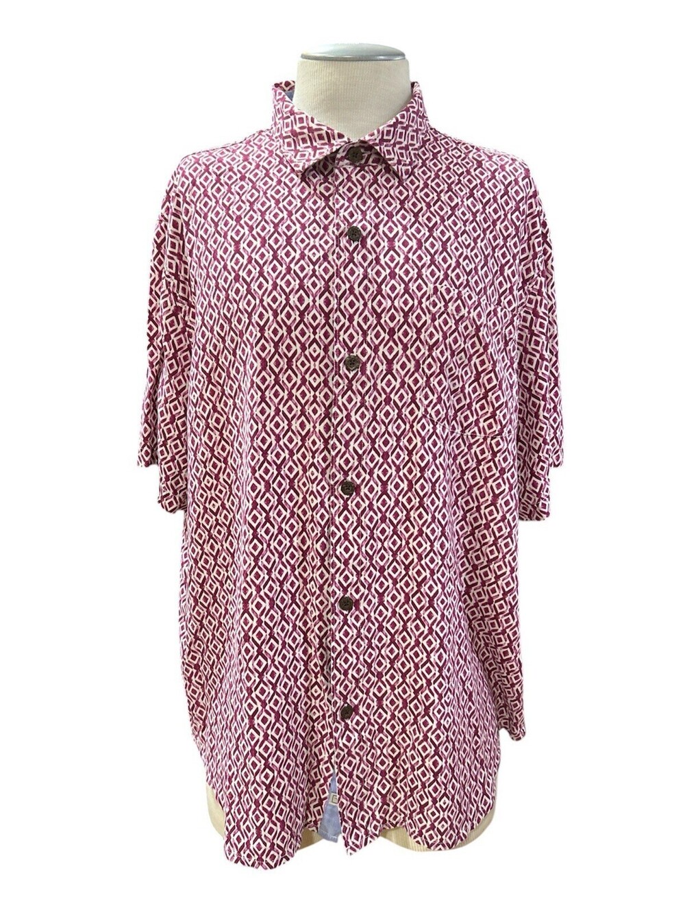 Tommy Bahama Mens Button Down Shirt XXL Burgundy, White Geometric 100% Silk